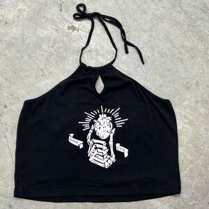 XL Black Halter Cropped‎ Bareback Top Tattoo Design Alt Fashion Grunge Stretch
